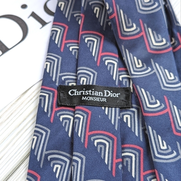 Christian Dior Vintage Geometric Silk Necktie in Slate Blue and Gray - Picture 3 of 7